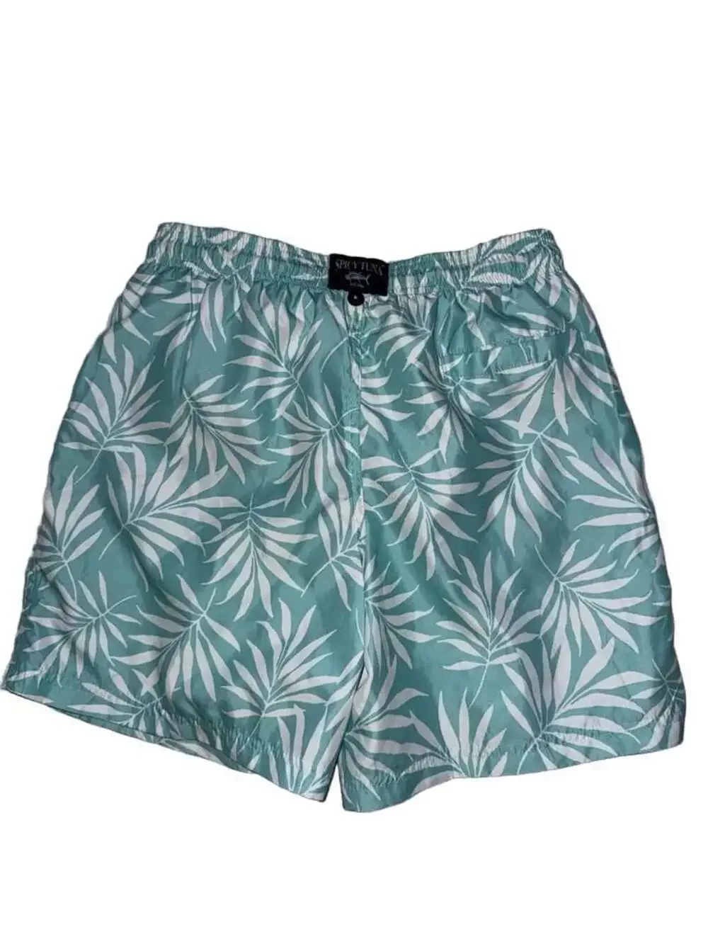 Spicy Tuna Swim Trunks Size Medium Aqua White Tropical Palm Leaf